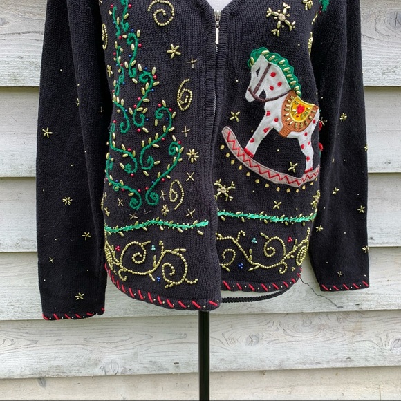 Vintage Black Beaded Felt Appliqué Crochet V-Neck Zip Front Long Sleeve Sweater - Picture 8 of 16